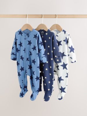 Dark blue with stars - 3-piece set of two-way zip baby sleepwear