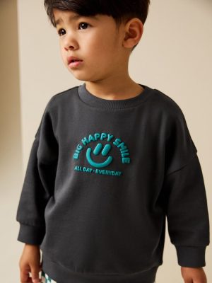 Dark Grey Printed Crew Neck Sweat Top