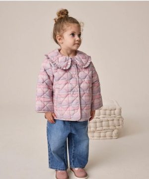 Pink Check Shower Resistant Frill Collar Quilted Jacket 