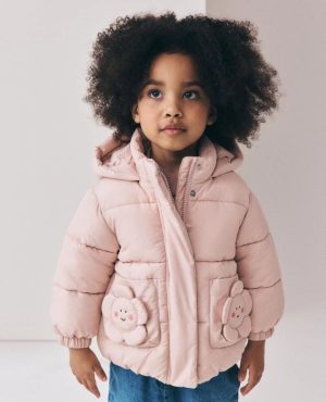 Light Pink Flower Pockets Shower Resistant Padded Coat