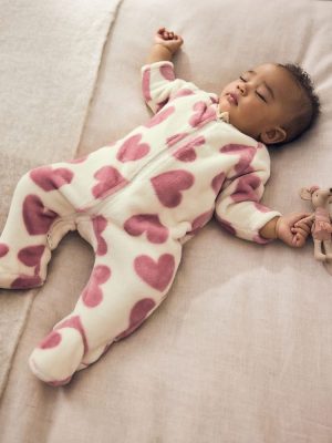 Ecru/Pink Heart Two Way Zip Fleece Sleepsuit