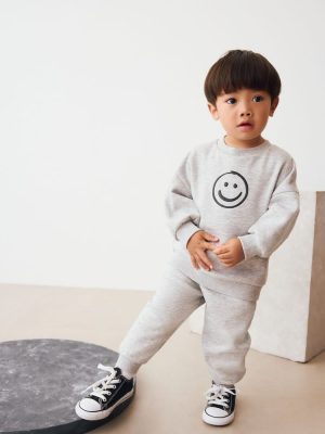 Grey Marl Back Print Crew Neck Joggers Set 