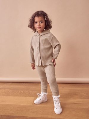 Brown Ribbed Hooded Cardigan and Leggings Set
