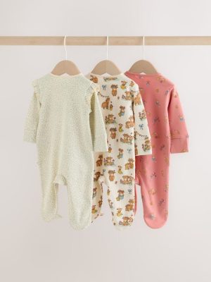 Pink/Green Hamish Two Way Zip Baby Sleepsuits 3 Pack 