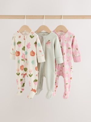 Sage Green Pumpkin Two Way Zip Baby Sleepsuits 3 Pack