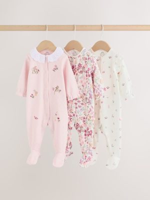 Pink Floral Bunny Baby Sleepsuits 3 Pack