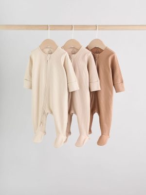 Beige Baby Two Way Zip Sleepsuits 3 Pack