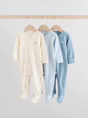 Blue Two Way Zip Baby Sleepsuits 3 Pack