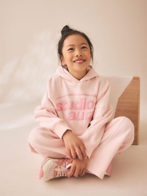 Pale Pink Slogan Hoodie And Wide Leg Joggers Set