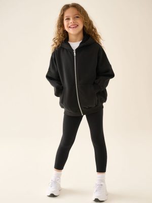 Black Zip Through Hoodie And Leggings Set 