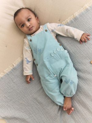 Blue Dino Cord Dungarees and Bodysuit Baby Set