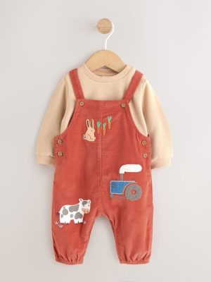 Rust Brown Farmyard Cord Dungarees and Bodysuit Baby Set 