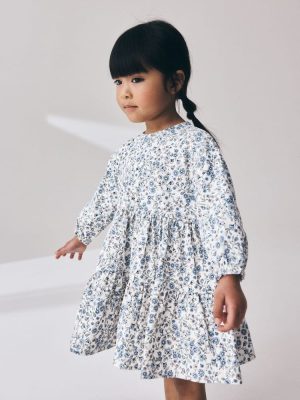 Ecru Blue Ditsy Long Sleeve Tiered Dress