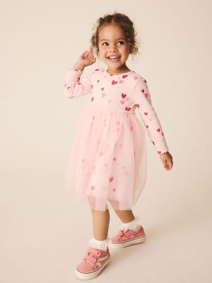 Pink Hearts Long Sleeve Ribbed Mesh Dress