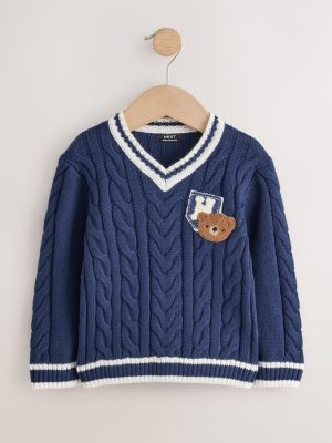 Navy Blue Cable Knit Varsity Jumper