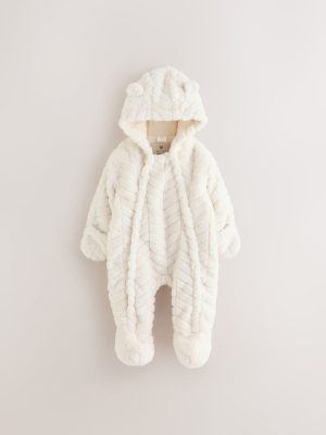 White Clipped Faux Fur Double Zip Baby All-In-One