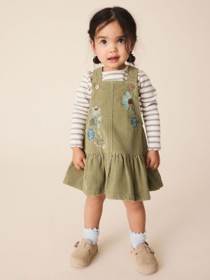 Olive Green Long Sleeve Top and Cord Dungaree Dress Set