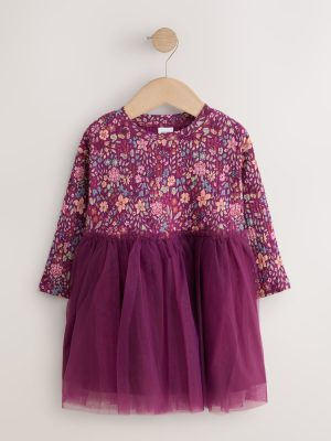 Burgandy Floral Long Sleeve Ribbed Mesh Dress
