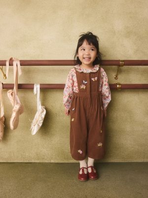 Brown Butterfly Embroidered Cord Dungaree and Blouse set
