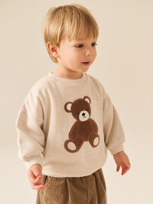 Ecru Bear Printed Crew Neck Sweat Top