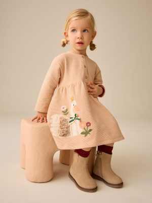 Ecru Emboidered Swan Long Sleeve Dress