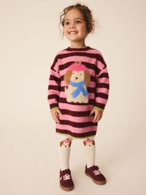 Pink Stripe Dog Jacquard Knitted Jumper Dress And Tights Set