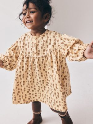 Neutral Floral Long Puff Sleeve Dress
