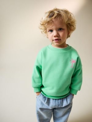 Green Palm Tree Printed Crew Neck Sweat Top