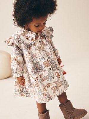 Cream Christmas Long Sleeve Collar Dress