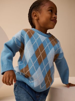 Blue Argyle Knitted Crew Neck Jumper