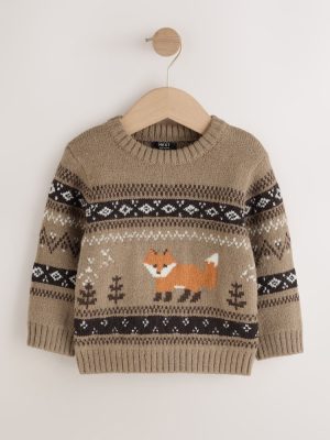 Mink Brown Fox Character Knitted Crew Neck Jumper