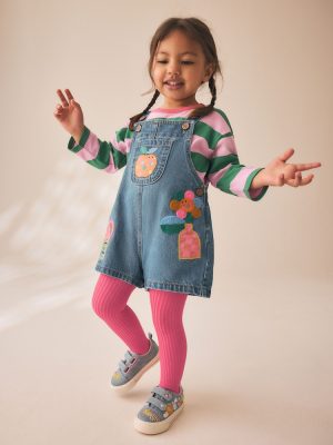 Denim Stripe T-Shirt Dungaree and Tights Set