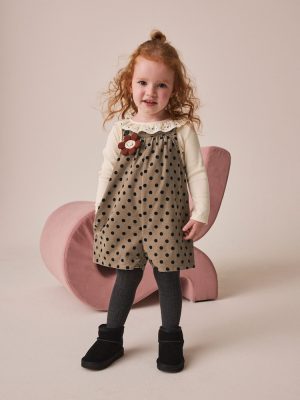 Brown Spot Cord Dungaree & Tights Set