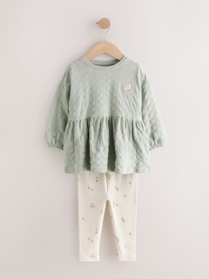 Sage Green Long Sleeve Textured Blouse and Leggings Set