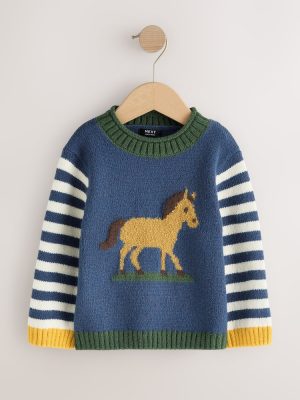 Navy Blue Horse Character Knitted Crew Neck Jumper