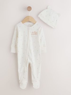 Cream Hello World Baby Sleepsuit and Hat Set