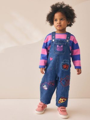 Blue/ Pink Stripe Embroidered Denim Dunagree Set