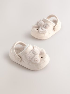 Neutral Bow Faux Fur Lined Clog Slippers