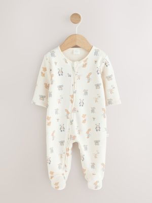 Neutral Animal Fleece Lined Two Way Zip Baby Sleepsuit