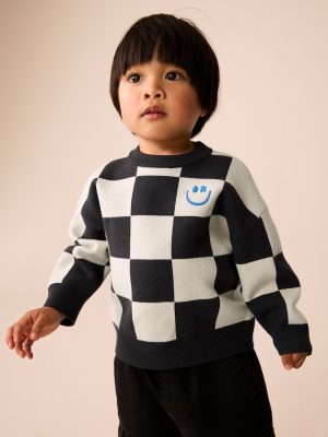 Checkerboard Knitted Crew Neck Jumper