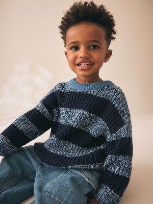 Blue/Navy Stripe Knitted Crew Neck Jumper