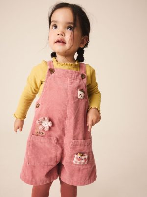 Pink Corduroy Dungaree & Tights Set