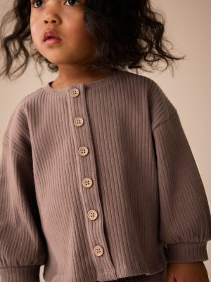 Brown Long Sleeve Ribbed Raglan Cardigan